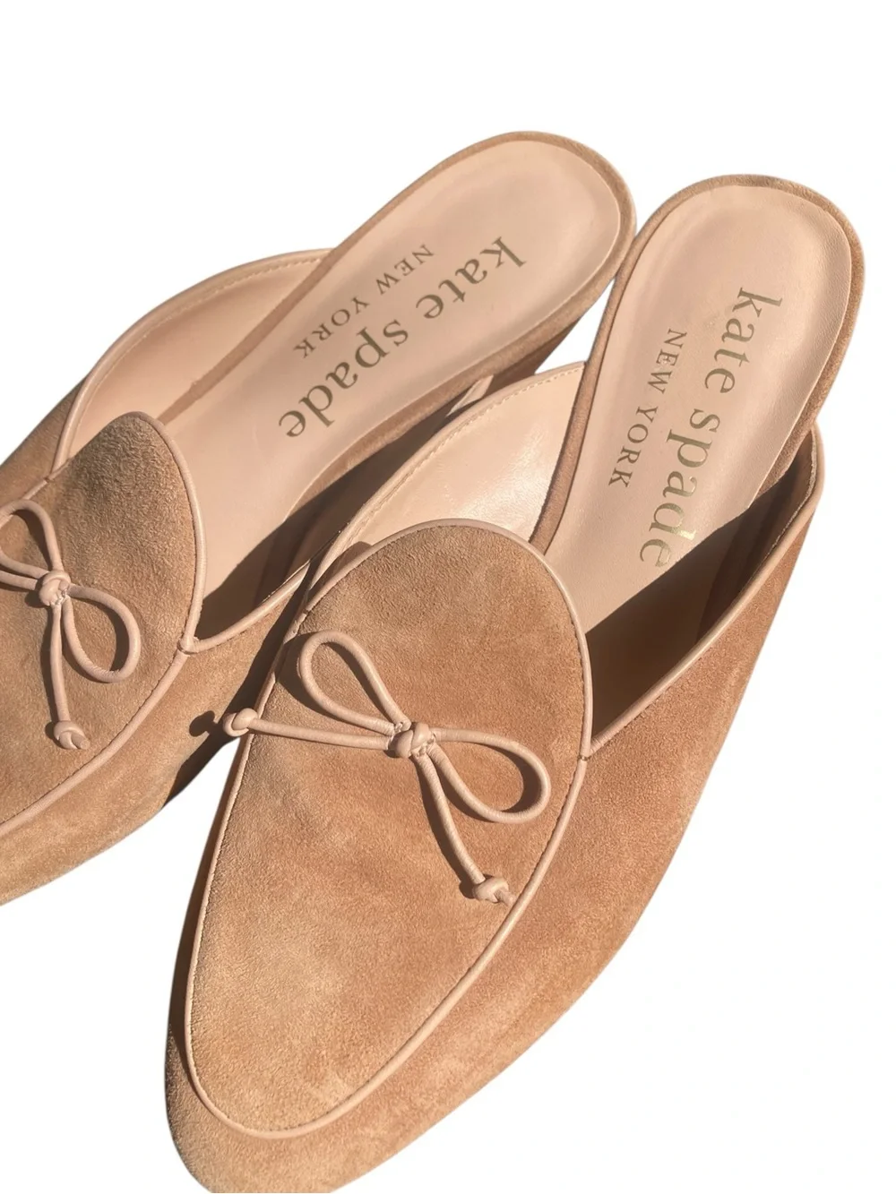 Kate Spade Devi Suede Bow Mules Size 9.5 Tan Beige Slip On Flats